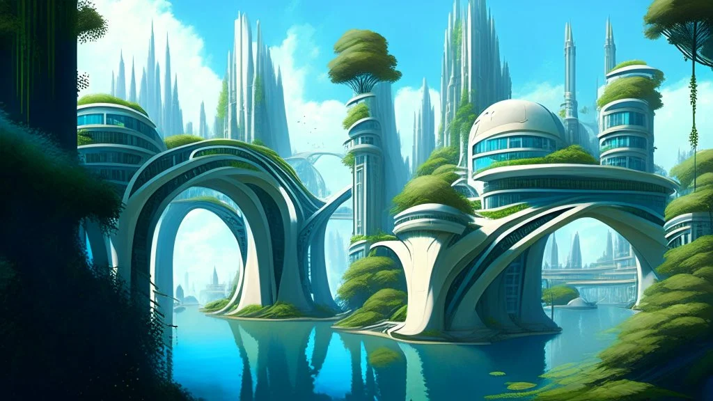 A futuristic city on the banks of a river, with pathways on the banks, balconies, verandas, arches, bridges, spires, stairs, trees, dense foliage, spanish moss, ivy, blue sky, white clouds