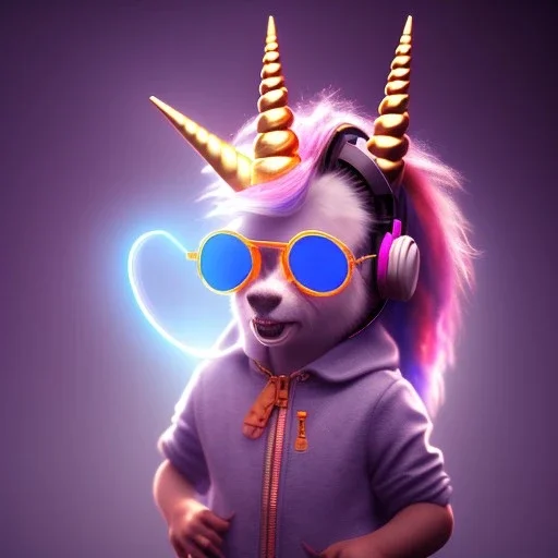 Unicorn toddler, smile, steampunk headphone, sunglass, gangsta neckless, full body, orange puffer jacket, tokio background, dramatic lighting, hyper realistic, unreal engine 5, 16k