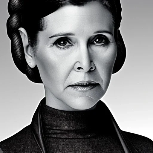 half-length portrait, three-quarter face pose of carrie fisher as Princess Leia with photo realistic fine and very simple short hair, entrancing deep brown eyes, Nikon D850,ef 85mm 5.6, Intricate, High Detail, Sharp focus, realism, beautiful and detailed lighting, by Annie Leibovitz