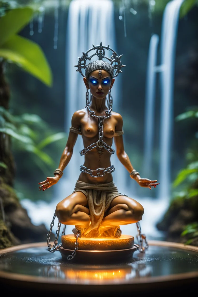 close up on action figure of a glossed and transparent chained and crucified electric female dhalsim opera yoga master on round swamp transparent glass boat eye throne in a charged foggy jungle starry waterfall, blur background to make character pop out