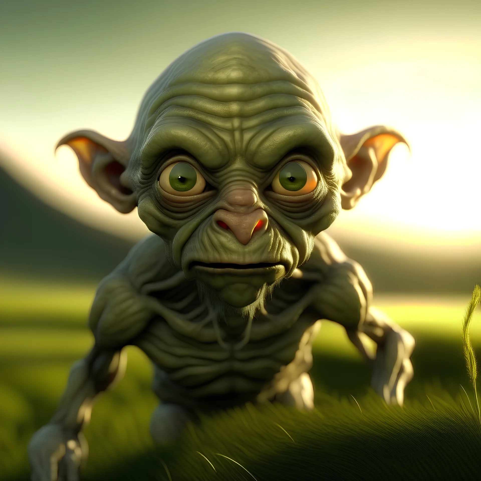 Make a realistic a bit greenish-skinned gollum with wide fully black eyes in the golden hour in a grassland