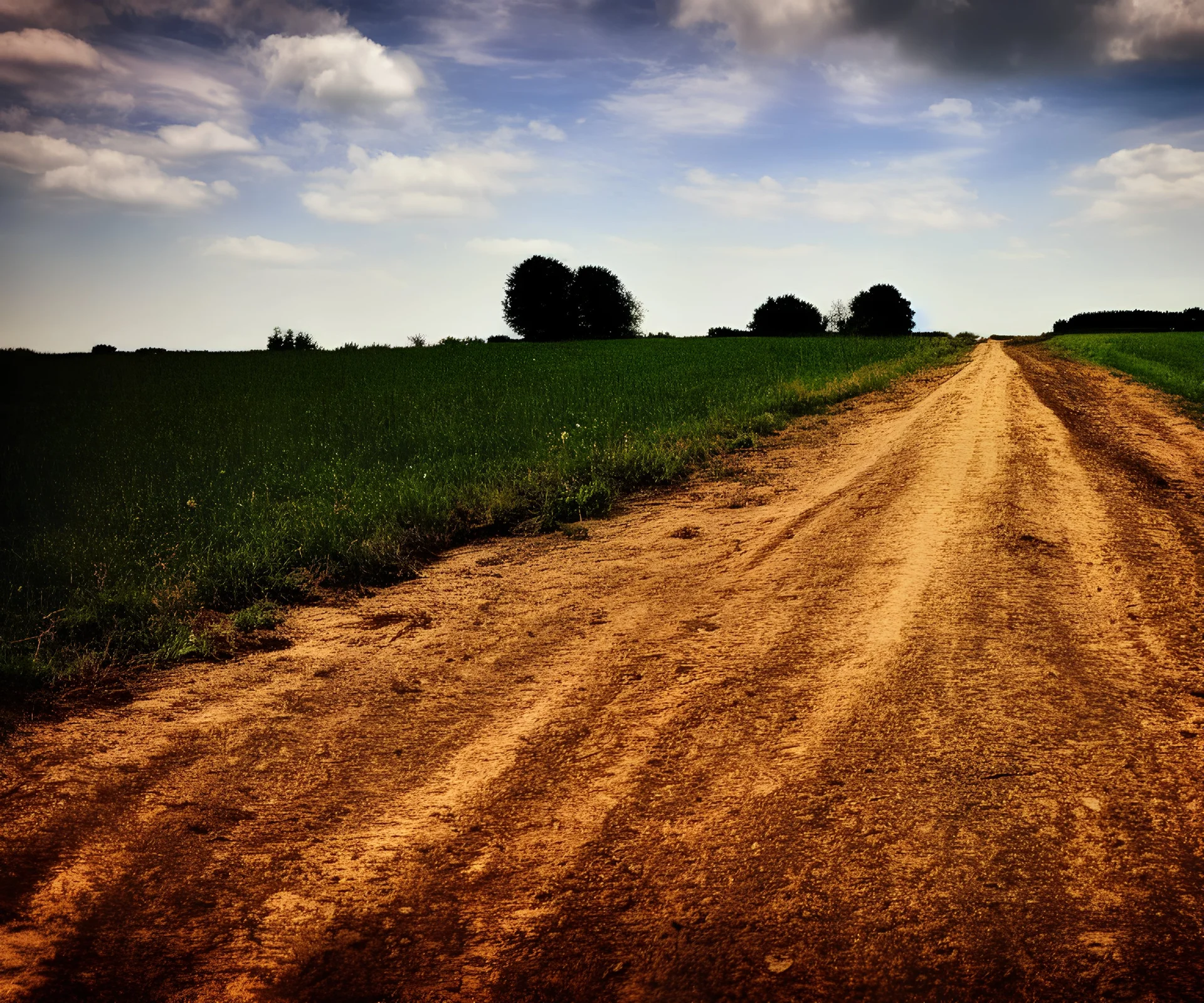 Campo, camino de tierra, arbustos