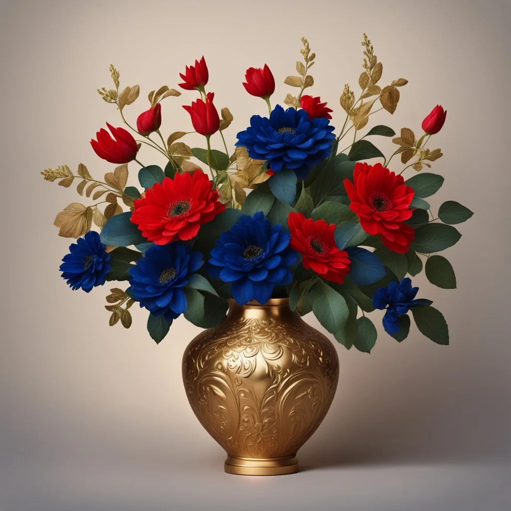 Flowers in midnight blue flowers, red flowers and green leaves in a gold vase. Light background