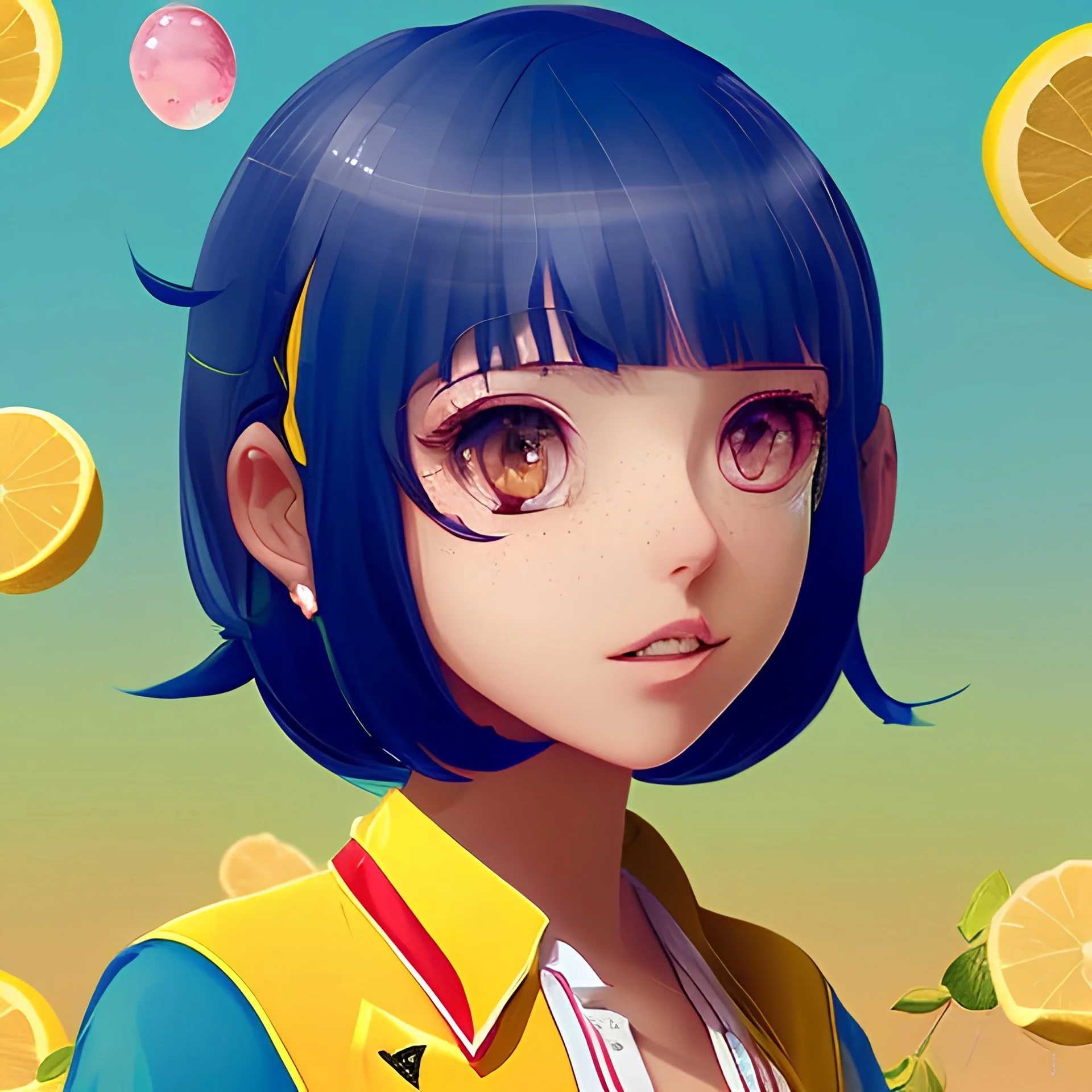 animegirl, bob cut, looking at viewer, arms behind back pose, blue short pants, yellow blouse with a knot on the bottom, lemon background, air bubbles, summer vibe, close up shot, ambiguous lines image, flat dimensional style, flat lines, rough drawing --ar 2:3