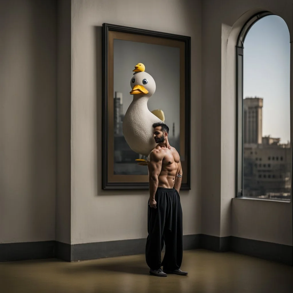 a Persian gay muscle man with a yellow big duck doll in a modern street in Tehran with towers.