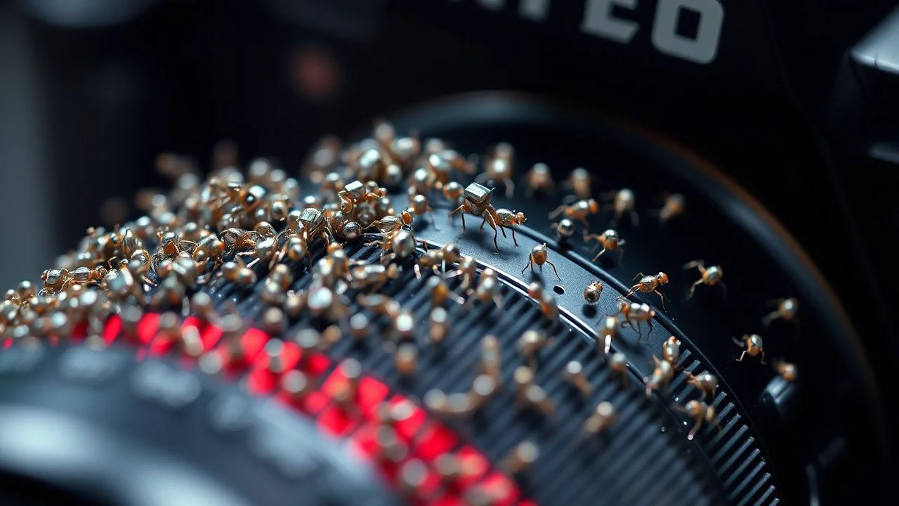 A highly detailed close-up of a swarm of nanobots cleaning an expensive camera. The tiny robots work together in perfect synchronization, their actions guided by a central AI system. Award-winning photograph, beautiful composition, exquisite detail and illumination