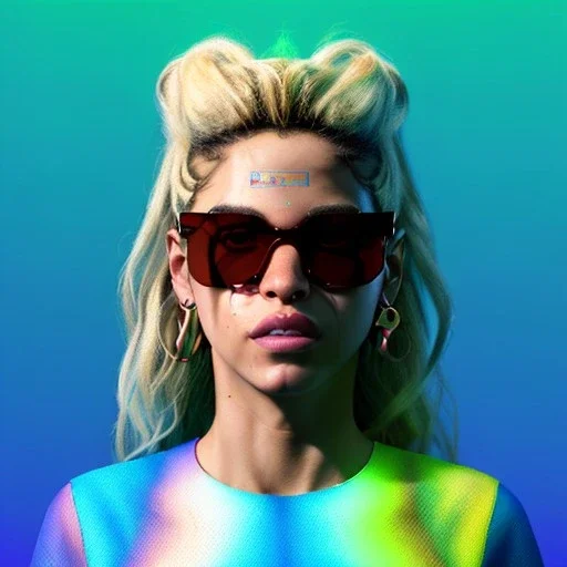 Shakira, artist, 30 years old, Realistic image, waist up portrait, etro style dress, oversize. Gucci sunglasses. Blonde, loose long hair, eyes make up, perfect, glow, circle iris. Neon colors, leds, geometric. Cyberpunk. concept art, smooth, unreal engine 5, god lights, ray tracing, RTX, lumen lighting, ultra detail, volumetric lighting, 3d, finely drawn, high definition, 4k.