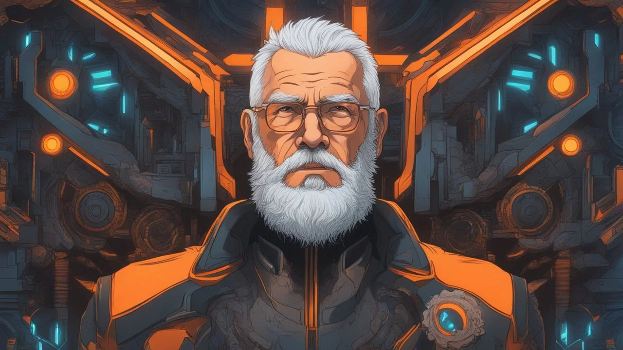 Body part machine Old man, beard, Bald hair, in solo leveling drawing , neon, intricate details, highly detailed, high details, detailed portrait, masterpiece,ultra detailed, ultra quality