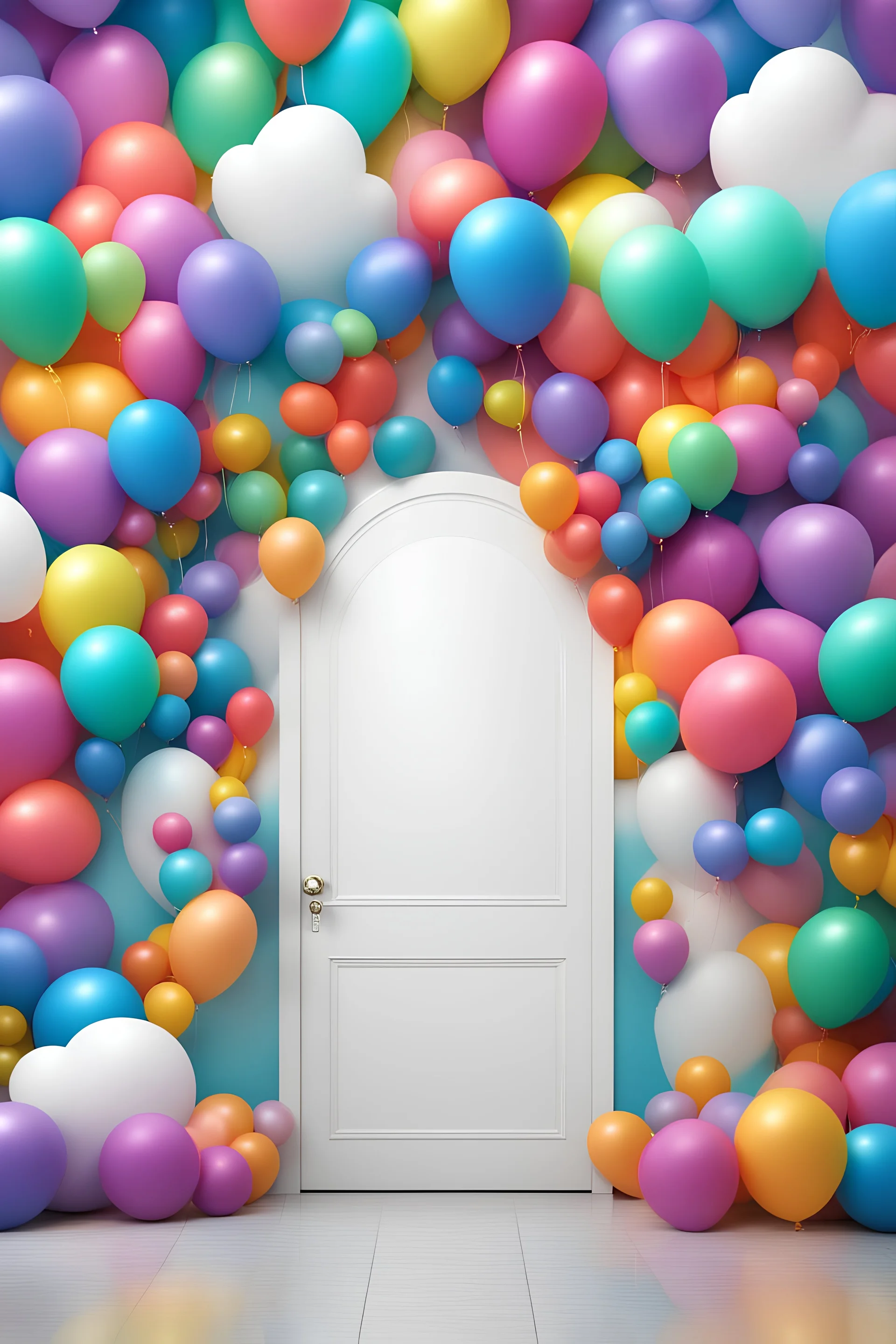 A (((door balloon digital backdrop with clouds rainbow))), where colorful balloons form a ((vibrant clouds wall)) that stands out against a modern, ((digital background)), Renaissance