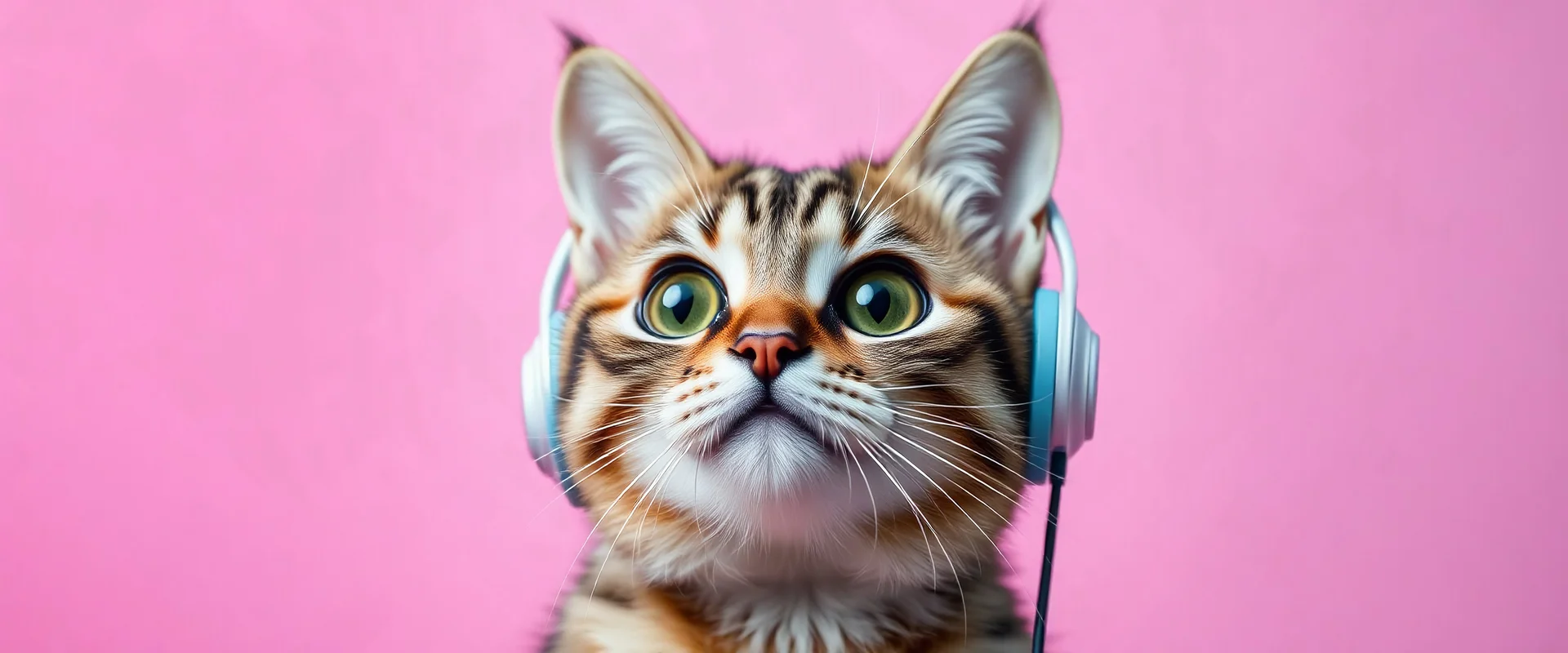 Create a YouTube banner for a channel called 'We Adore Cats.AI'. The banner should feature an adorable, realistic tabby cat with large, expressive eyes, wearing a pair of headphones, just like in the reference image. The background should have a soft gradient with colors like pink and purple to create a modern and tech-savvy look, representing the blend of AI and creativity in the channel. Place a microphone subtly in the frame to emphasize the music theme. Add the text 'We Adore Cats.AI' in a c