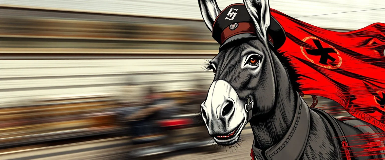 Political propaganda anime poster for Hitler on fast donkey, airbrush and pen outline against motion blurred photo background