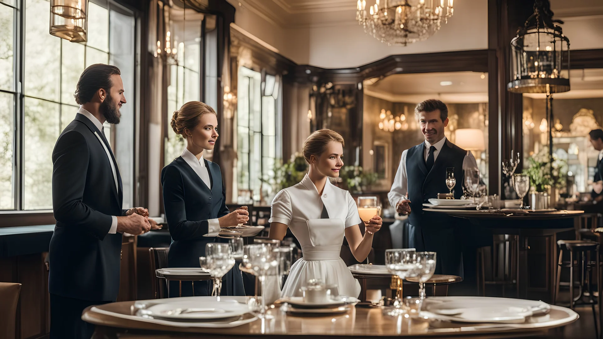 lady waiter in a restaurant and a man and his lady at a table