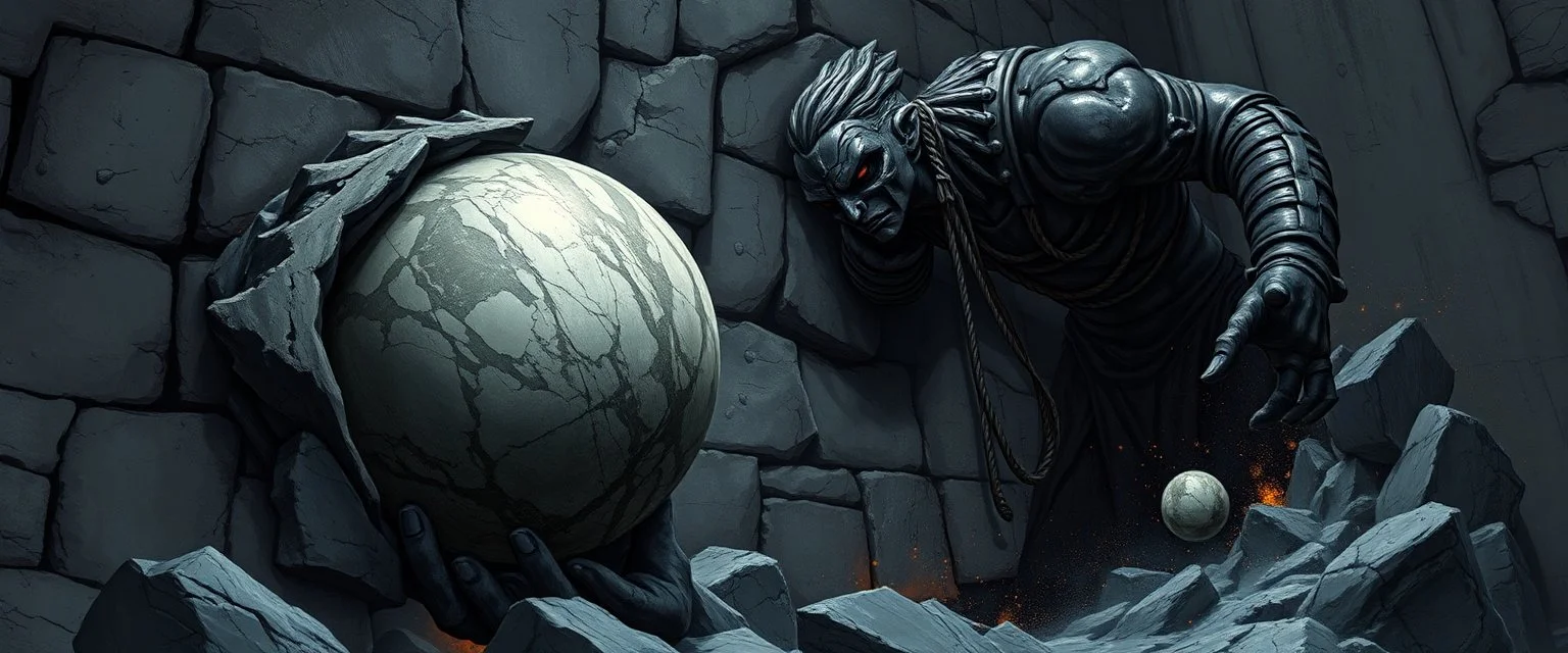 epic fantasy illustration, black giant throwing pushing marble stone ball sculpture into wall