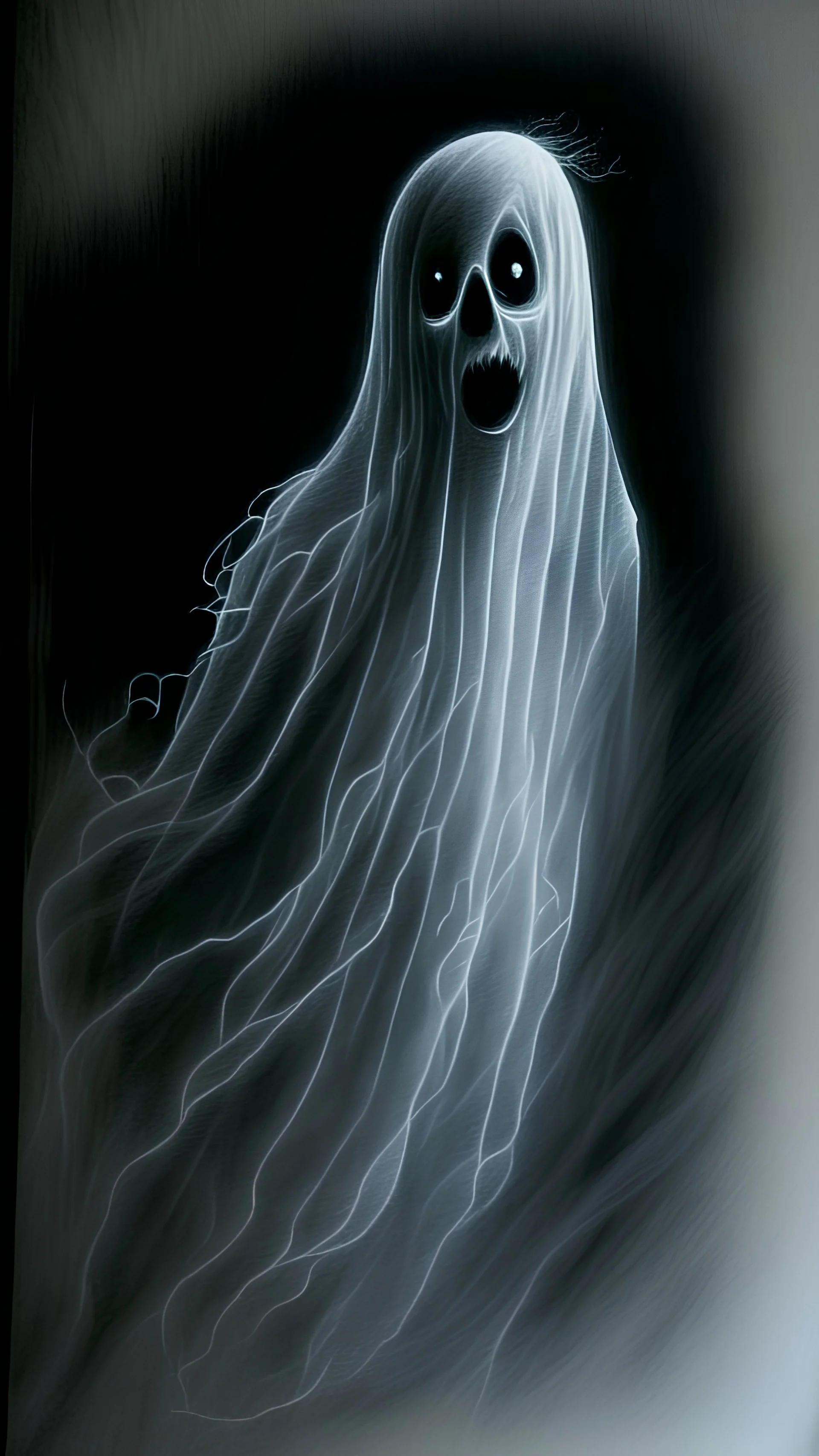 pencil drawing of ghost, Spooky, scary, halloween, black paper, color