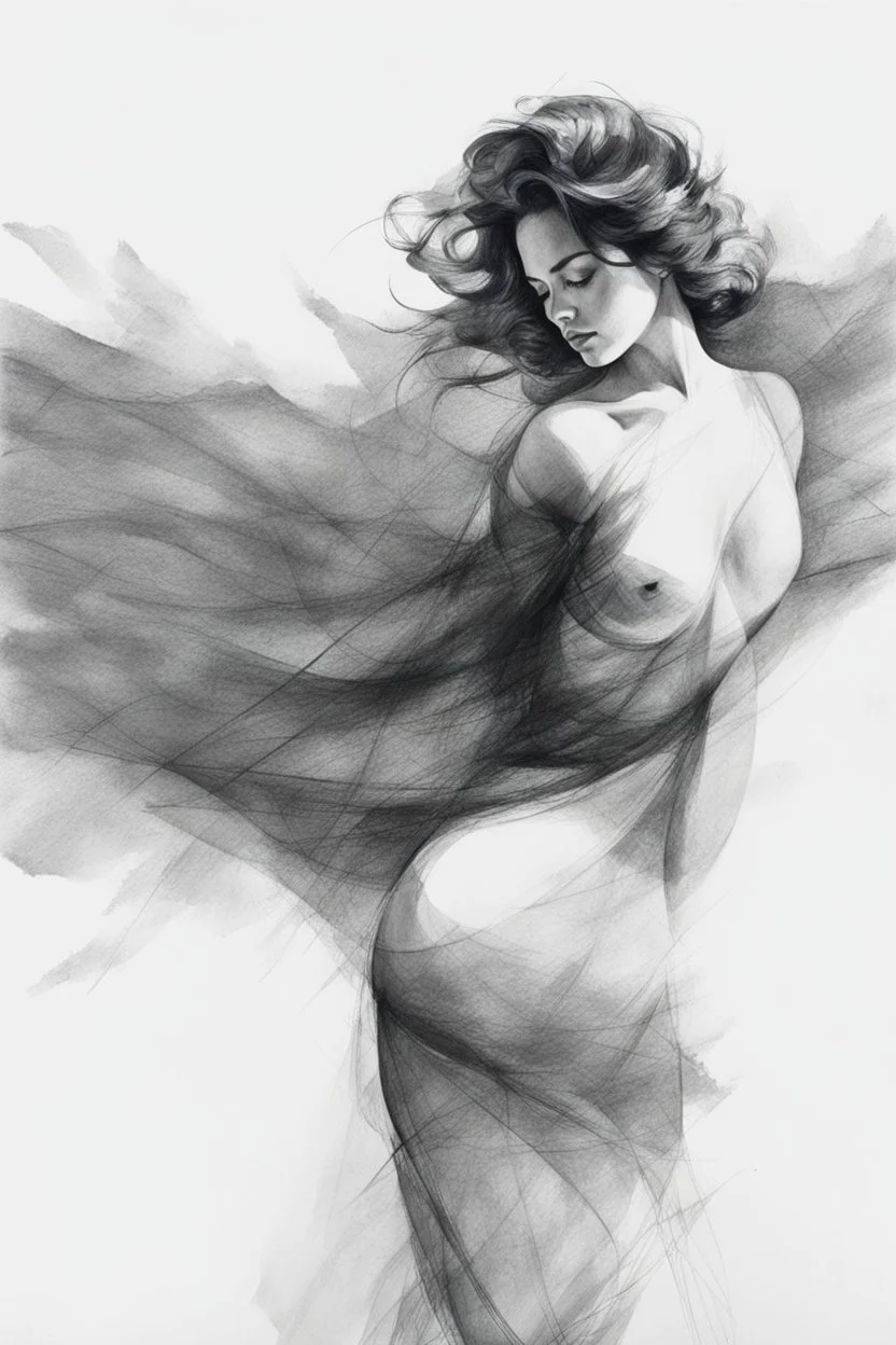 black and white expressive and abstract drawing of a full woman figure, contrast and detailed pencil trace texture, on drawing paper ar2:3 without shading