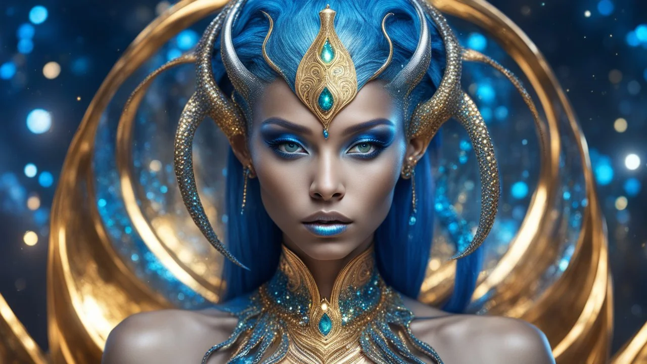 gorgeous female humanoid alien, double exposure, silver skin, slender muscular warrior, tentacles, gold, blue, copper-zinc orichalcum jewelry and piercing, beautiful face, mesmerizing starry eyes, smooth translucent skin, hourglass, glowing, highlights, size DD.