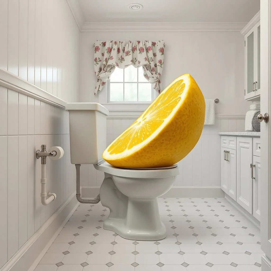 Photograph of a lifelike cut colossal lemon rearrainged to look like a toilet set against a wall connected to plumbing. background a white linoleum and white-walled master bathroom, sink and cabinets, window with floral curtains, towel rack, full photorealism