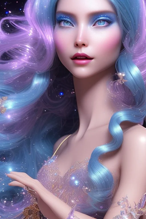 woman glitter blue fairy in a galactic ambiance, long blue hair, detailed gorgeous smile, delicate colors in the foreground, full of details, smooth, light effect，vaporwave colorful, smooth, extremely sharp detail, finely tuned detail, ultra high definition, 8 k, unreal engine 5, ultra sharpBeautyful smiling young woman, long hair amazing blue eyes, flowers, happy cosmic, bright colors, blue, pink, gold, jewels, realistic, photo real, clear sunny background, highly detailed, high contrast, 8k 