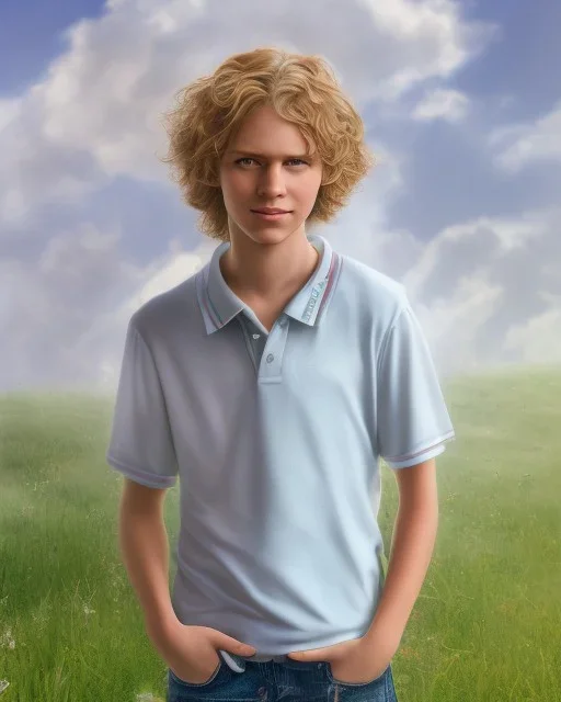 full length photograph of a beautiful 12 year old boy with long, blonde curly hair and light blue eyes, smiling, standing on a green hill in summer, highly detailed, smooth, photorealistic, HDR