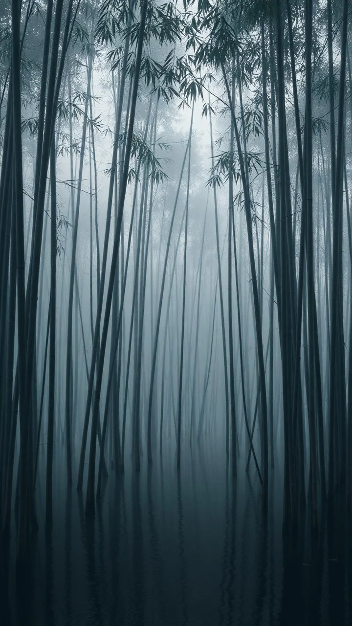 bamboos gray trees in swamp , dim light , foggy, sad, cloudy, atmosphere,