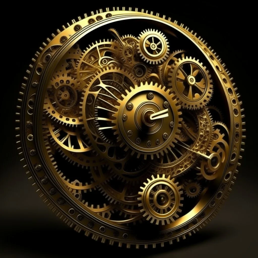 Create a 3d fractal base wall clock with see throgh golden gears rotating , showcasing a harmonious and synchronized movement. that show fast time passing in a beautiful abstact environment