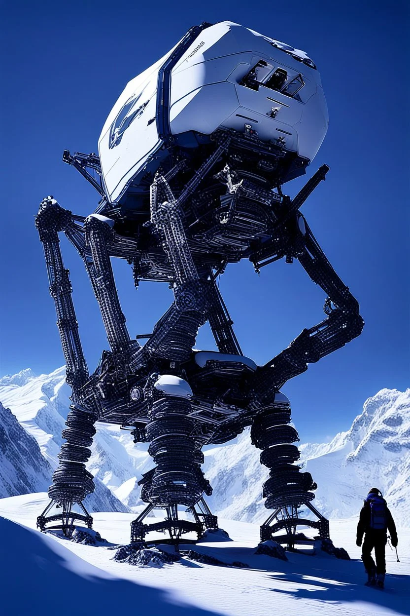 a sleek mechanical walker with eight legs scaling a very steep snow covered side of mout everest at night, it has a smooth surface, it has storage pods on its belly and humans can fit in the pods