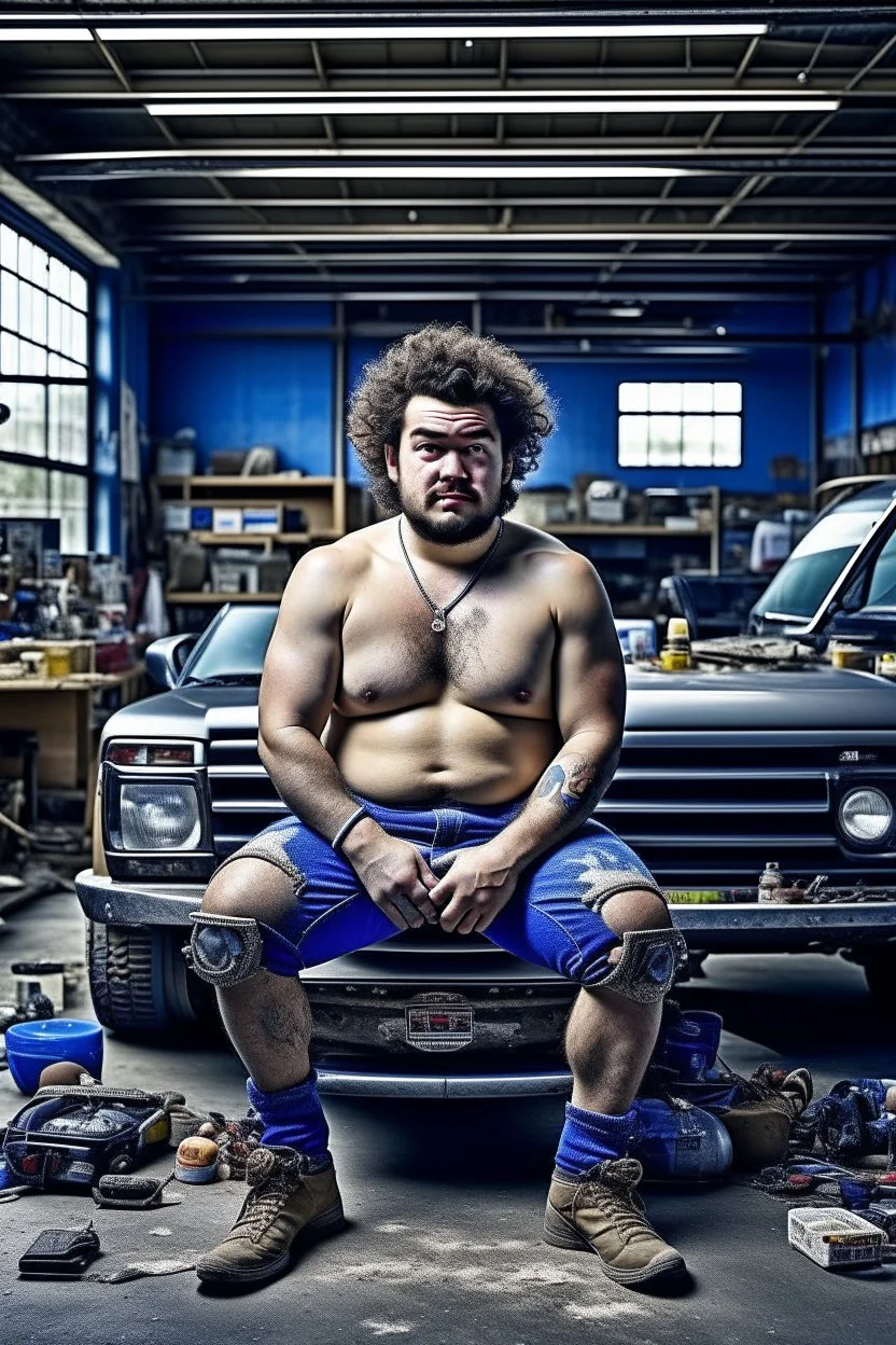 full figure shot photography of a short ugly hefty burly dirty chubby hairy angry man turkish 28 years old, short curly hair, shirtless, tattoo, manly chest with bulging opened short pants, hairy, angry eyes, inside a mechanical workshop under the sun sitting on the hood of a car, open legs, photorealistic, ambient occlusion, side light , frontal view from the floor