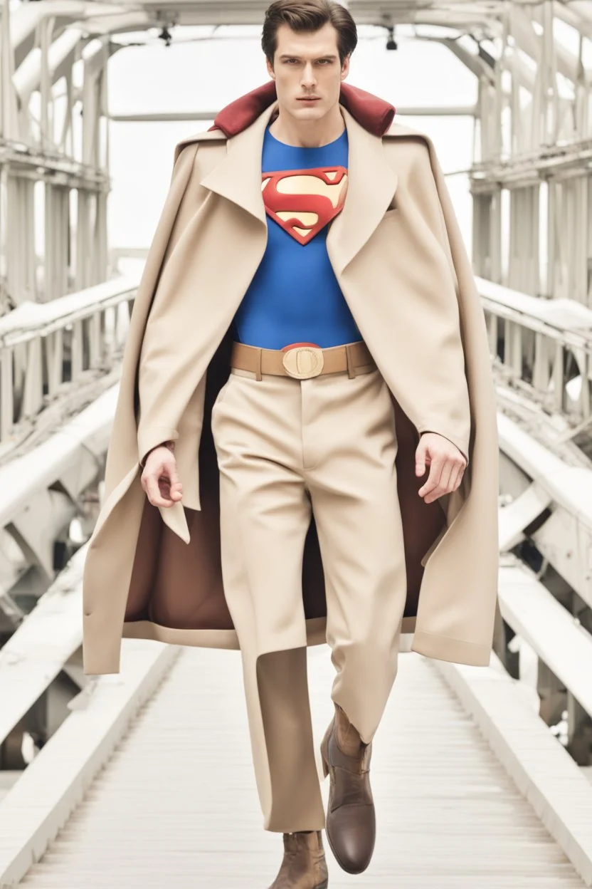 Superman on a winter fashion runway with moderna clothes inspired by Superman style, embroidery elegante fashion beige tones