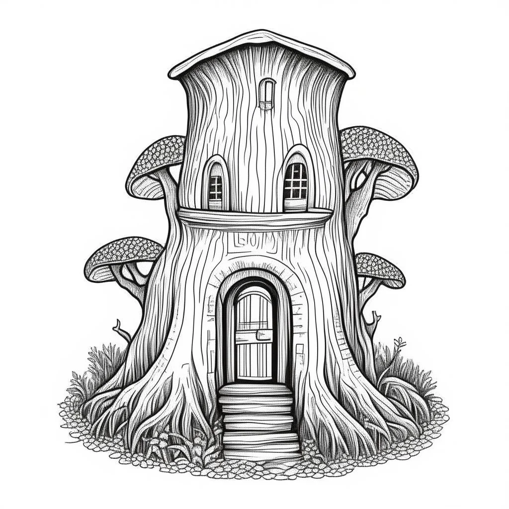 A fairy house carved inside a tree trunk, exact shape, real image, minimal lines, white back ground color, real style, realistic, minimalistic, minimal black line art, line art, crisp line art, unique coloring sheet, outlined, outline, crisp, crisp line edges, illustration, thin lines, crisp clear lines, line art, clean line art, unique, 8k, no colors, no dark color, no black color, avoid thick black, minimalistic line edges, pure white back ground,