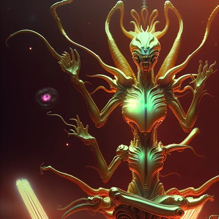 masterpiece poster of glistening elegant queen empress xenomorph alien meditating lotus position, inside ominous glowing alien temple shrine. in the style of aliens, by weta workshop, james cameron, h. r. giger, beautiful octane render, extremely intricate, epic composition, cinematic lighting, , trending on artstation, cinematic dramatic atmosphere, matte painting