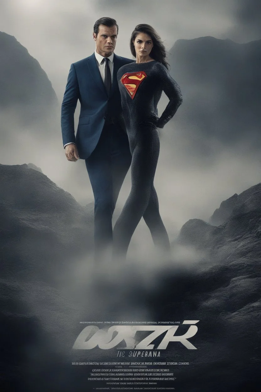 Create a movie poster for the movie "James Bond, 007 is Superman," Starring Henry Cavill and Alexandra Daddario, 4k, 8k, 16k, 32k, 100k UHD, Ultra-high resolution, photorealistic, 1080p, 4k, 8k, 16k, 32k, 100k UHD, Ultra-high resolution, photorealistic, 1080p, (matte skin:1.5), (extremely detailed face:1.5), (realistic human hair:1.5), (intelligent eyes:1.5), masterpiece, octane render, (long shot environmental portrait:1.8)