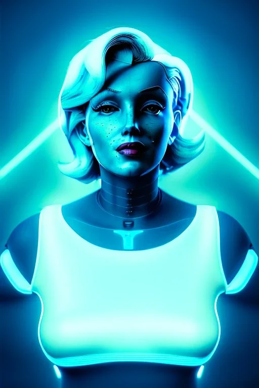 Ultra Realistic image, portrait, blonde woman, Marylin Monroe face, perfect iris, glow eyes, glow makeup. Cyborg, Cyberpunk, ghost in the shell style, oversized tight latex dress. fog, rain, soft color, highly detailed, unreal engine 5, ray tracing, RTX, lumen lighting, ultra detail, volumetric lighting, 3d, finely drawn, high definition, high resolution.