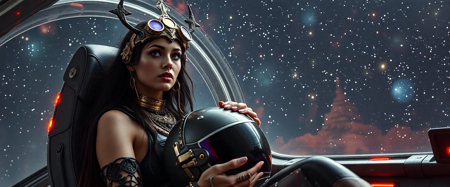 portrait of space gypsy bloodsucker in avid space craft, unearthly beauty nature dreamlike, sexy one, holding her helmet in lap, goa trance halloween glam rock soul opera, explorer new frontier, meeting with two new races beyond our star system
