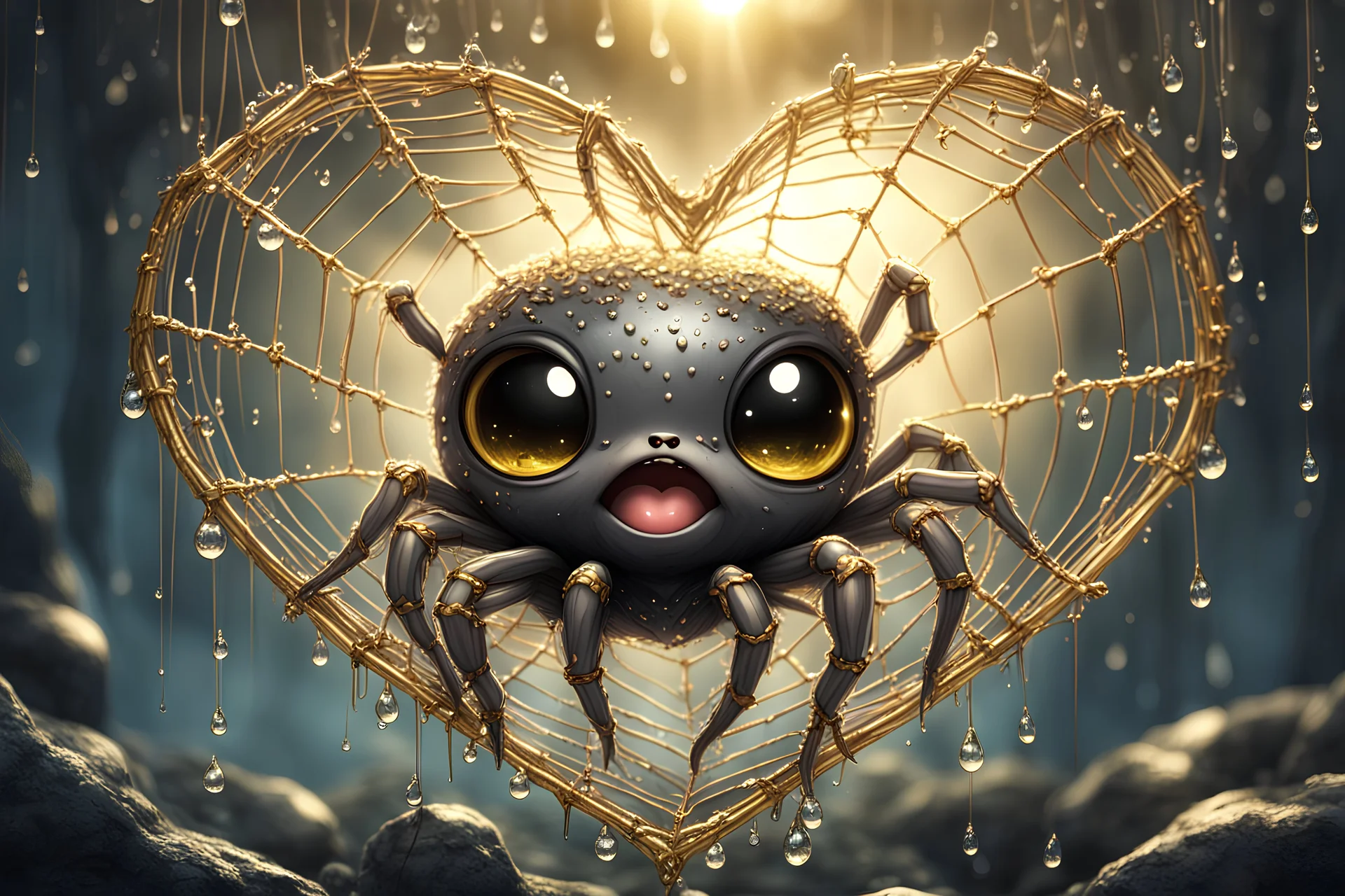 Cute chibi spider in heart shaped web, water drops and golden glitters in sunshine Weight:1 horror Gustave Doré Greg Rutkowski Weight:0.9