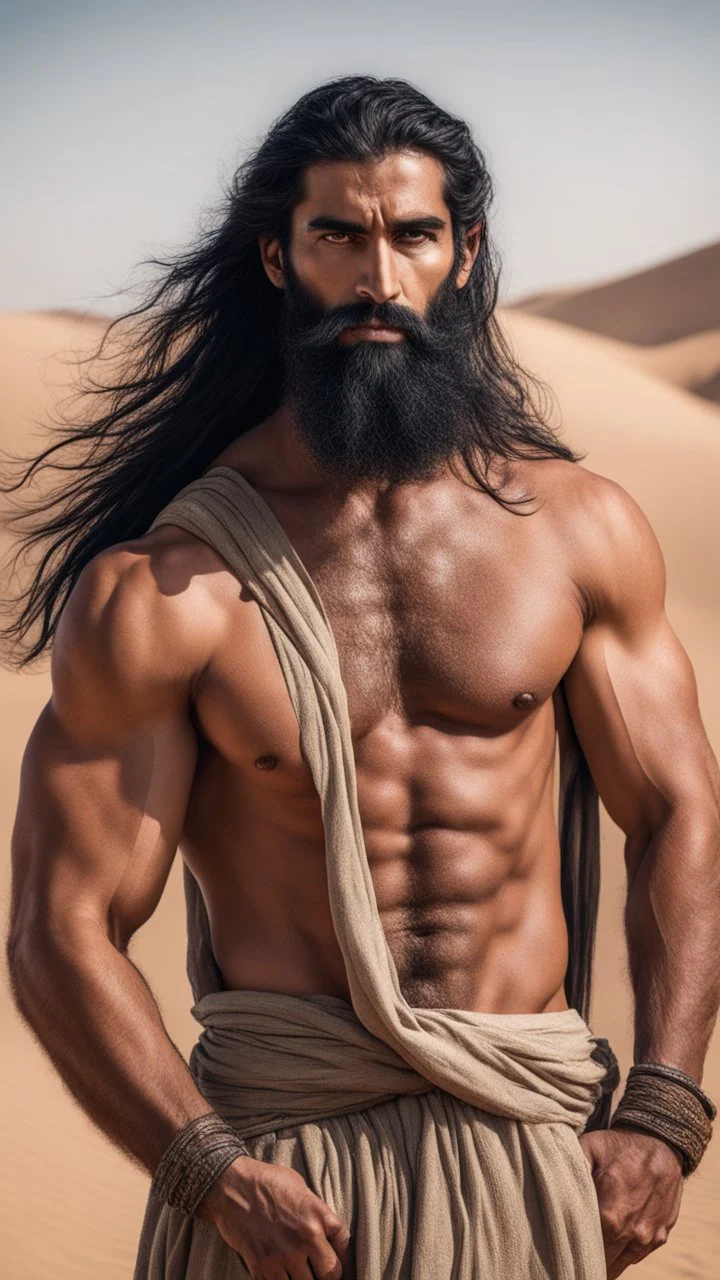 An Arab man in the desert, tall and strong, with long black hair and a thick beard. A long face, a large nose, a thick face, and sharp black eyes. A solid and muscular body with a strong build.