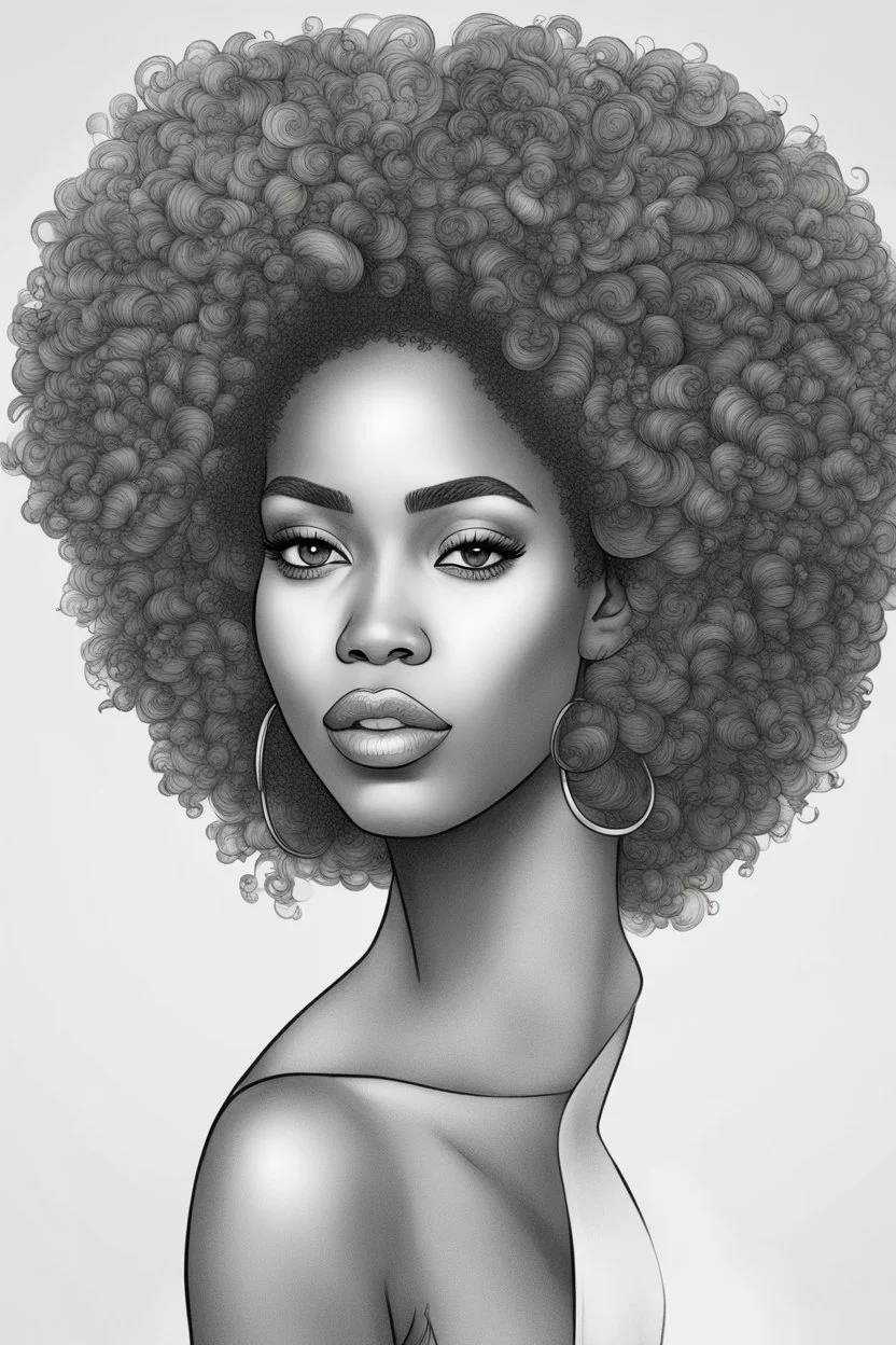 Create a coloring page of a beautiful curvy black female looking to the side with la curly afro. No shading, No color, define lines, clean lines