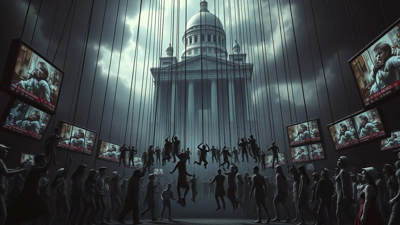 a corrupt government looms above, pulling the strings of hundreds of marionettes dangling below it, the news media broadcasts the marionettes' suffering on screens everywhere, dystopian, horror