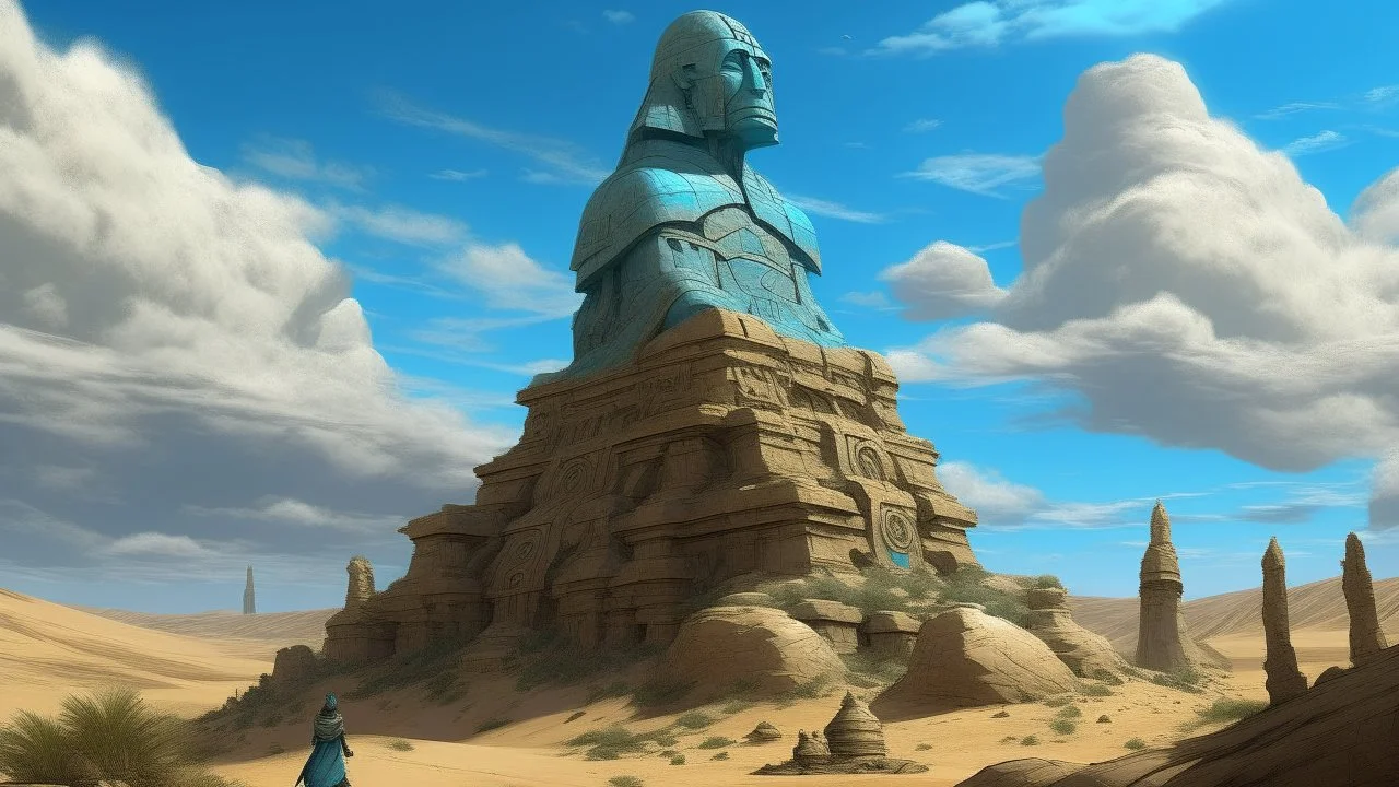 A digital painting shows a desert landscape with the ruins of a giant statue. The statue lies on its side, its head to the left. It is made of cracked and eroded stone. The desert is sandy, with dunes and pyramids in the background. The sky is blue and there are clouds. The painting is realistic, with a focus on detail and texture. The color palette is primarily composed of browns and yellows, with some blues and grays. The lighting is soft and diffused, creating a sense of peace and tranquility
