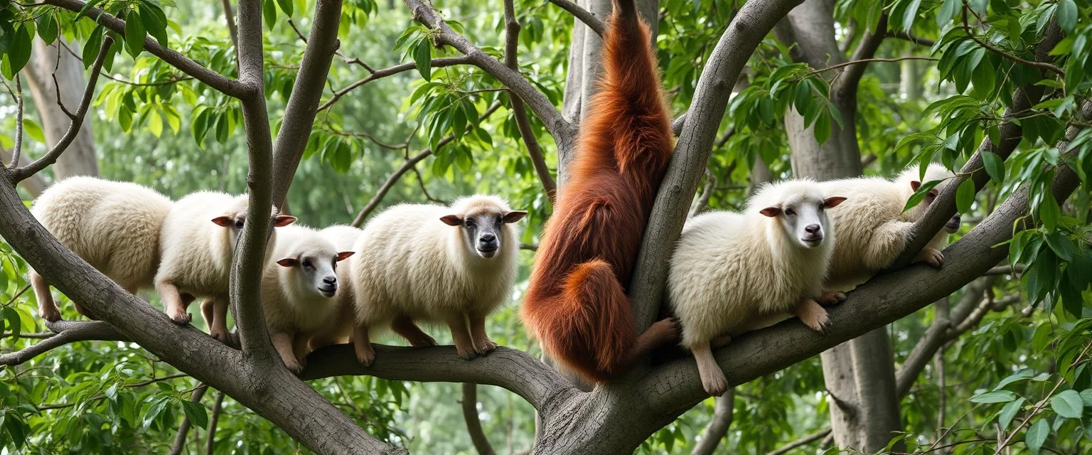 orangutang sheep flock climbing trees