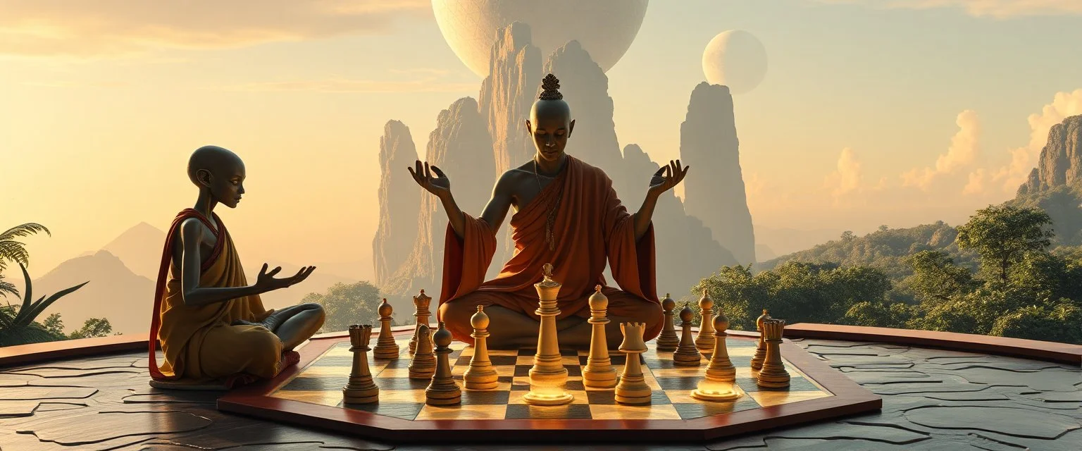 alien levitating yoga monk chess masters playing serious glowing chess on hex map in lounge on beautiful lush planet with huge pieces