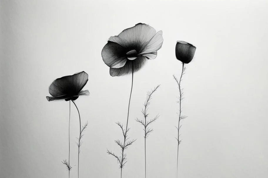 Minimalist ink pencil and charcoal drawing of poppies
