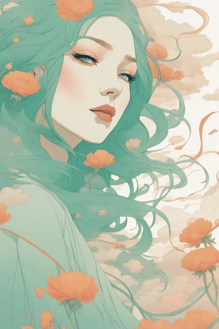 wind blowing from below, portrait of beautiful woman with green hair, loose lines, flowers, smoke, pastel orange and pastel blue, sense of liberation, concept art, art by james jean, takato yamamoto, 4k, concept art, illustrative