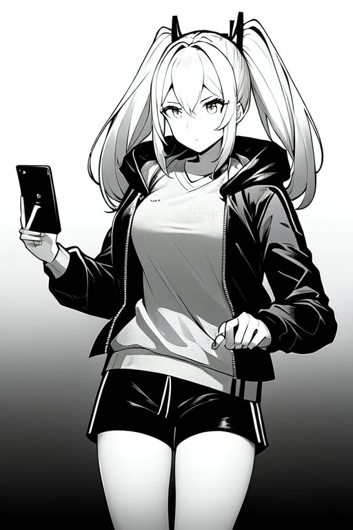 blonde girl with ponytails dressed in a jacket and shorts use cell phone's flashlight to get some light in the dark, greyscale