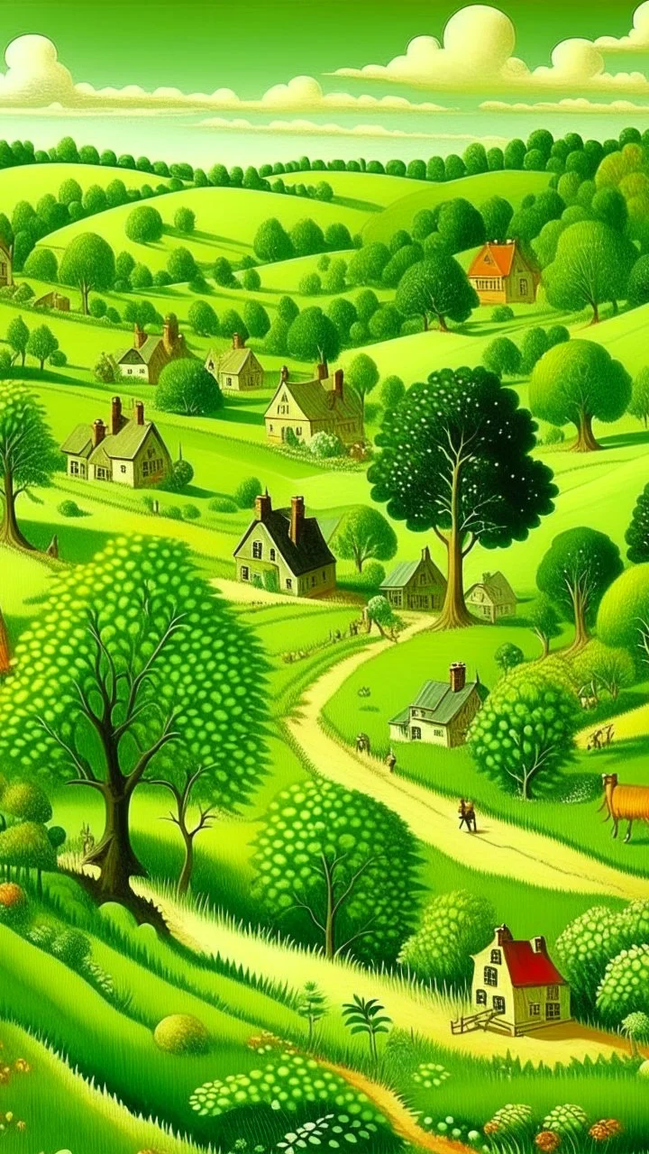 A green grassy town with orchards painted by Edward Hicks