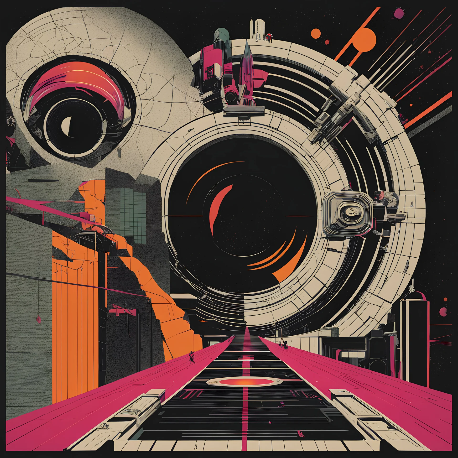 Black Sabbath album art for "Technical Ecstasy", retro futuristic graphic art, by George Hardie by Dan Matutina, silkscreened, color ink illustration, sharp focus, minimal, surreal sci-fi horror album cover, smooth.