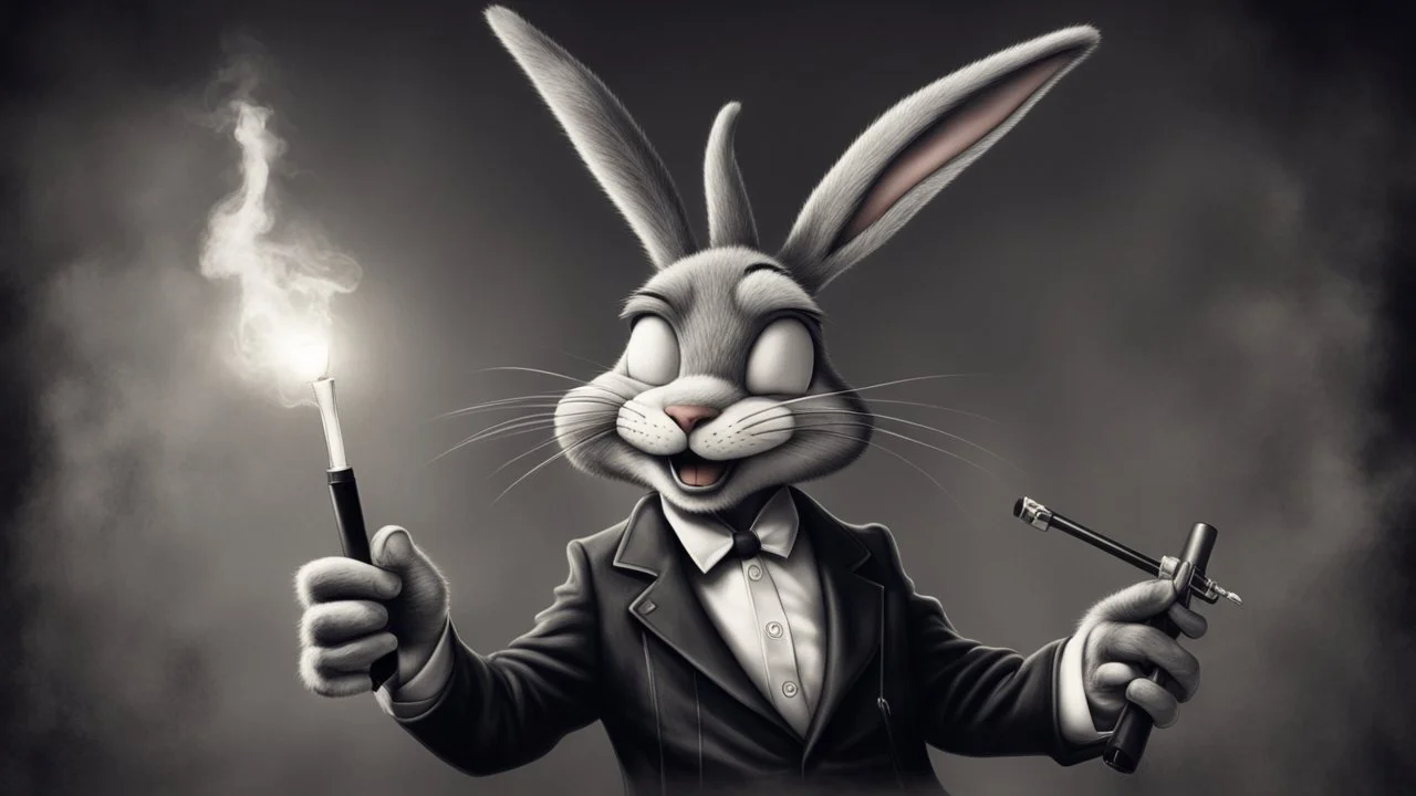 photorealistic deppressed dark melancholic Bugs bunny deppressed doing music rock and roll dark heavy metal on a scene alcoholic, ciggaretes ciggaretes ciggaretes