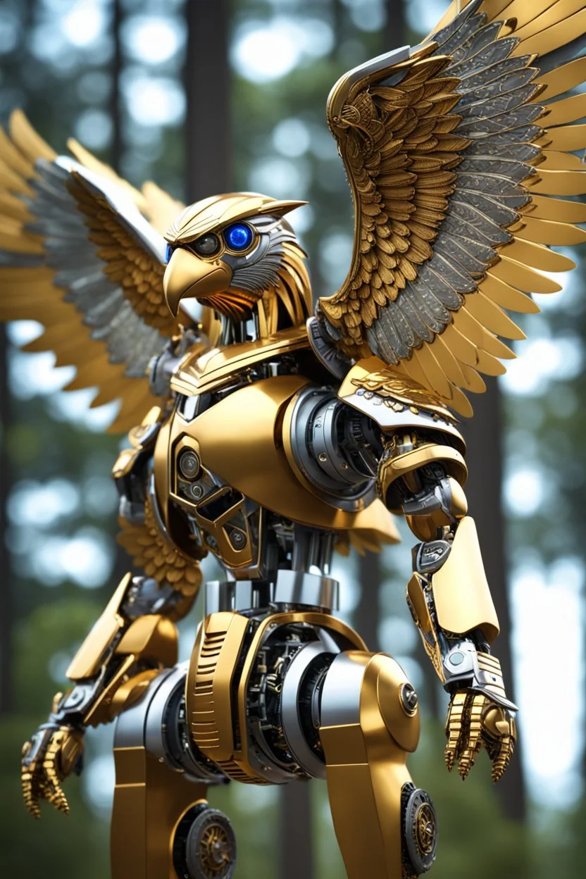 robot eagle straddle wings, detailed, intricate, mechanical, gears cogs cables wires circuits, gold silver chrome copper, blurred woodland background, shallow depth of focus, render, cgi, ray-tracing