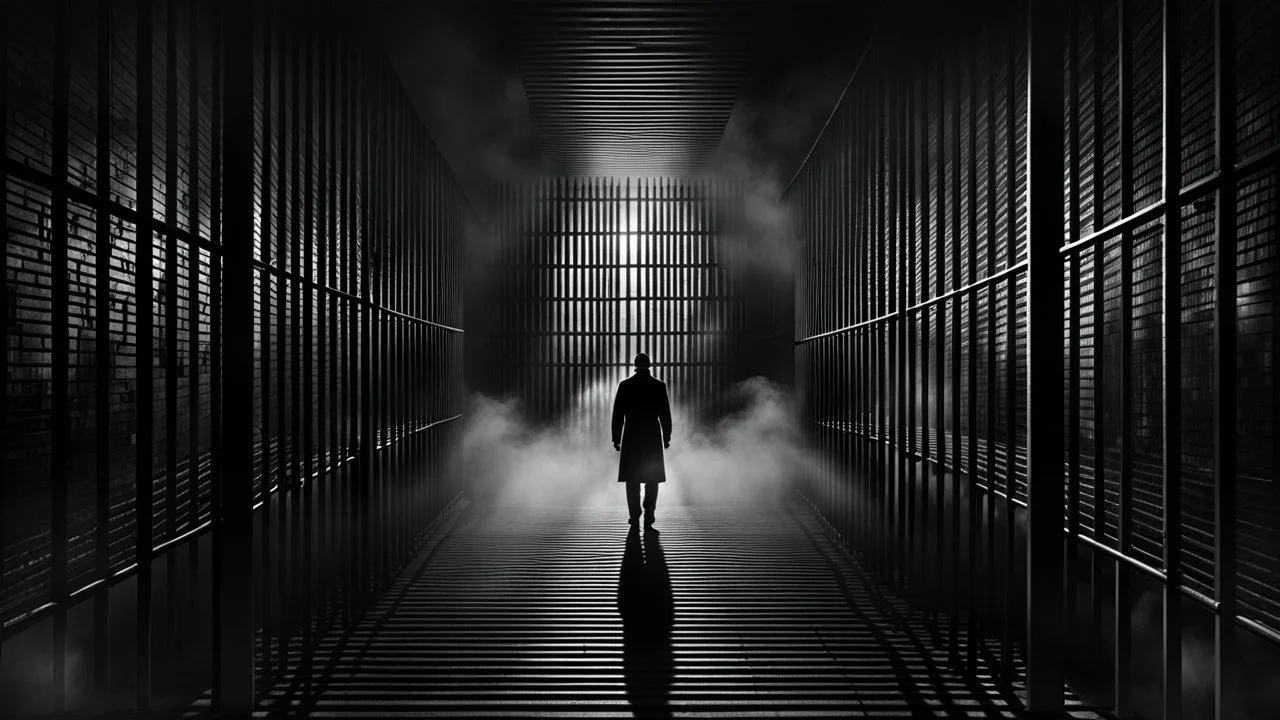 Parallels — endless prison bars, parallel lines, shadowy prison cell, hidden human figure with invisible face, dark cinematic atmosphere, existential symbolism, ultra realistic, haunting shadows, volumetric fog, psychological horror, masterpiece, high contrast, surreal realism, 8k