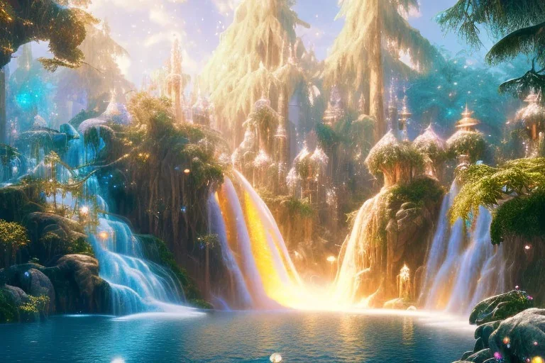  white and gold crystal cosmic ambiance，waterfall, full of details, smooth, bright sunshine，soft light atmosphere, light effect，vaporwave colorful, concept art, smooth, extremely sharp detail, finely tuned detail, ultra high definition, 8 k, unreal engine 5, ultra sharp focus