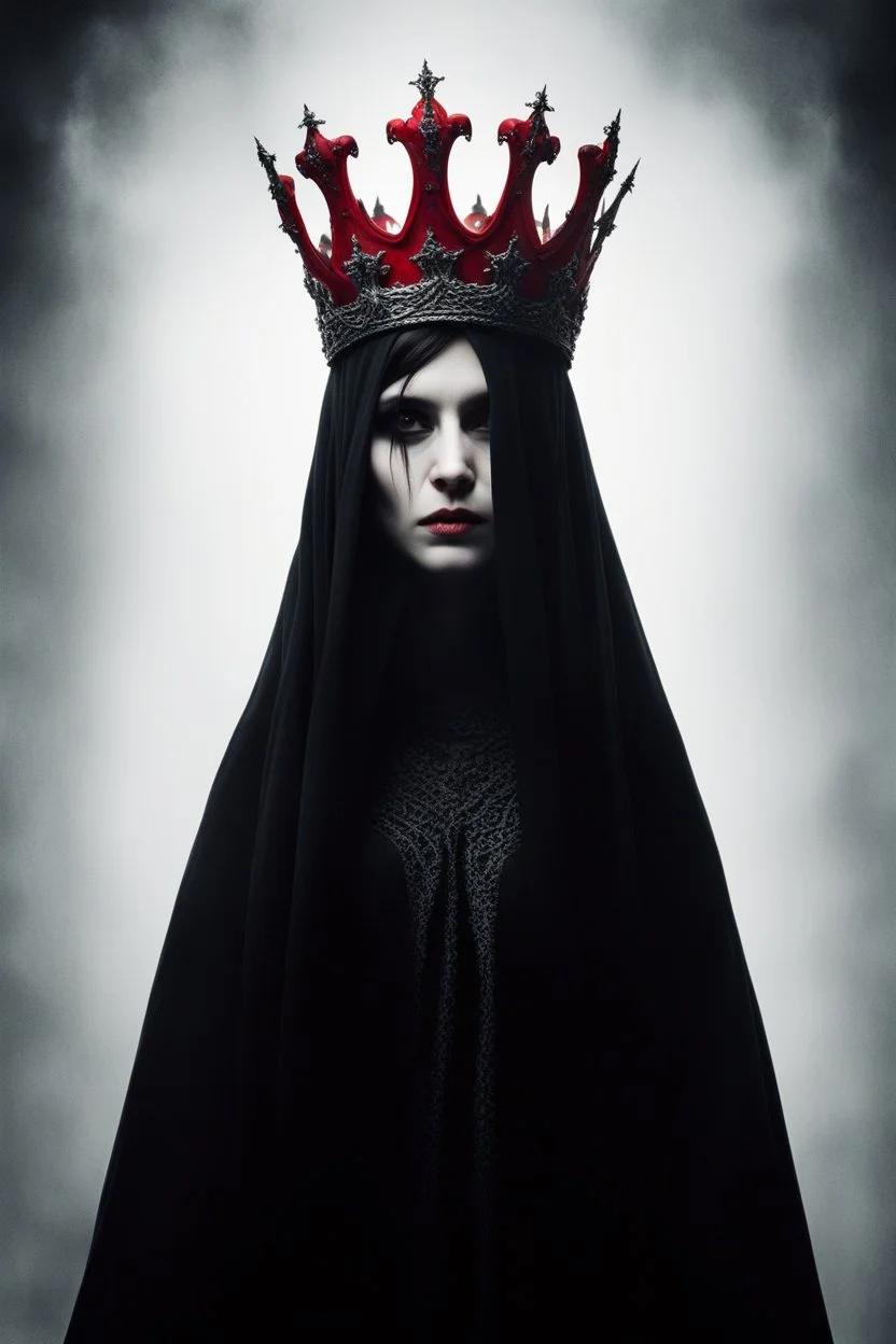 A dark, gothic portrait of a mysterious figure draped in a flowing black veil. The subject wears a red ornate crown adorned with small sharp spikes, giving a celestial yet eerie presence. The background is white solid, enhancing the contrast between the red fabric and the metallic crown. The lighting is dramatic, softly illuminating the veiled face while casting shadows that add to the enigmatic and religiously symbolic atmosphere. The aesthetic is reminiscent of dark baroque or gothic art